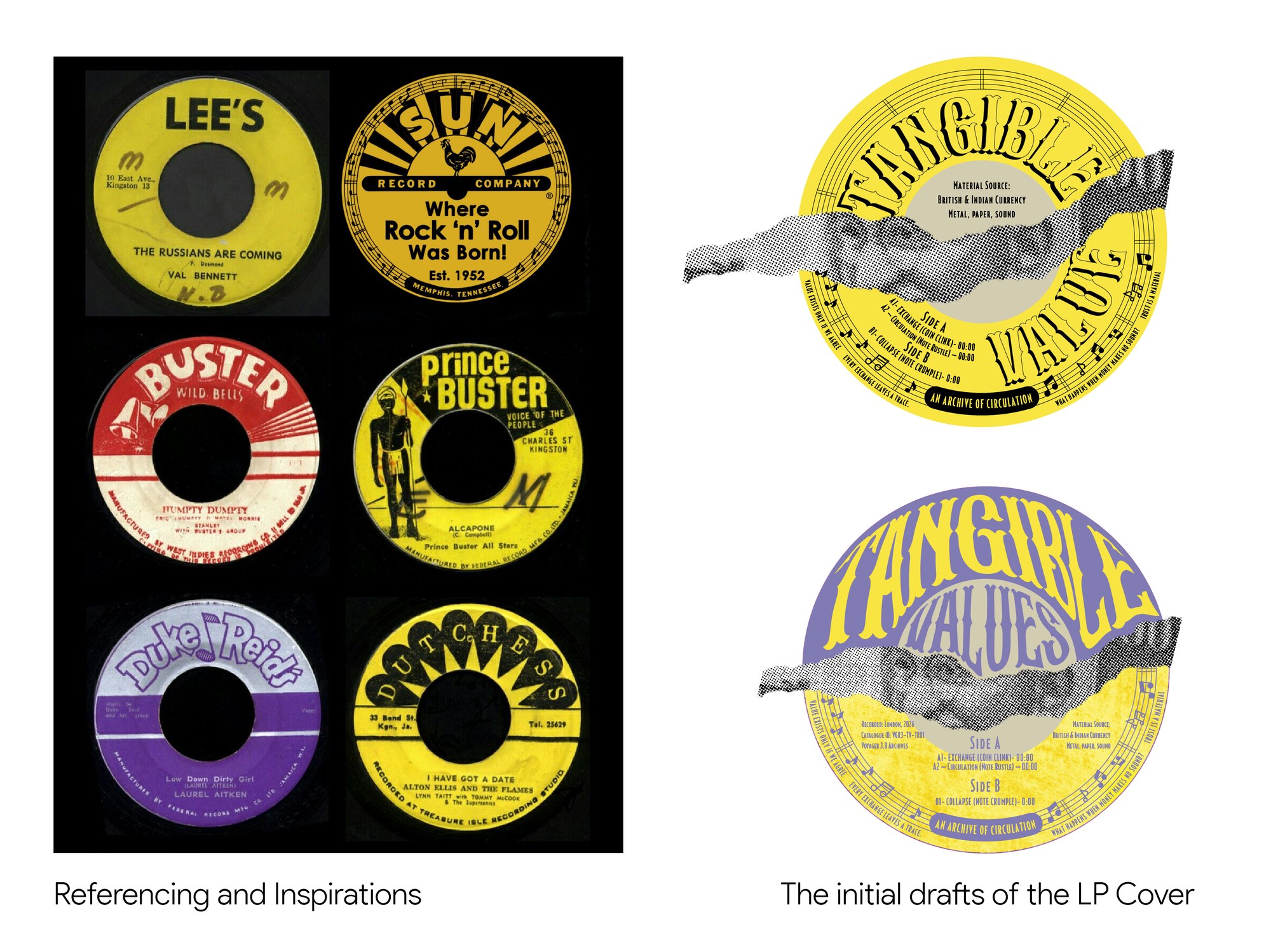 Vintage record label references alongside yellow and purple colour iteration tests for the LP cover